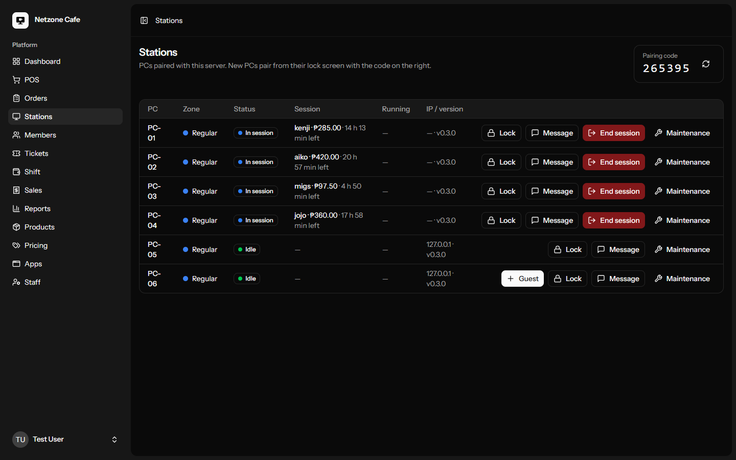 The CafeOS Stations page: every PC with who's on it, balance and time left, and buttons to lock, message or end a session.